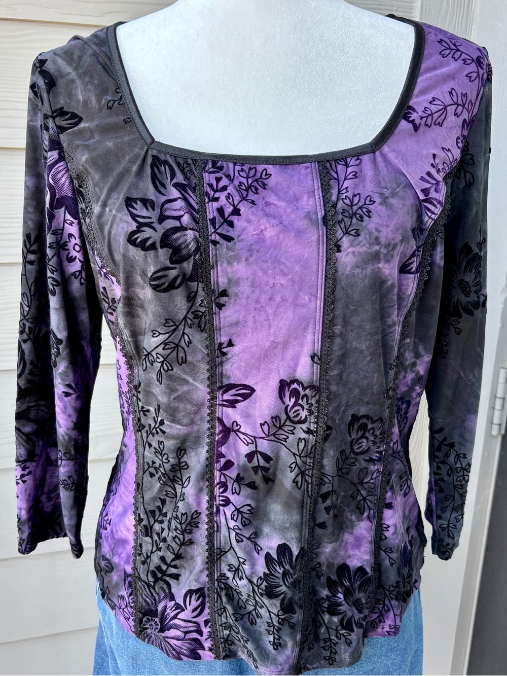 Sami & Jo Purple Floral Tie Dye Square Neck Mesh Top L Y2K Whimsigoth